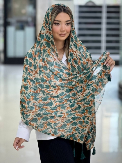 شال نخی چاپی پلیسه منگوله دار کد 2768