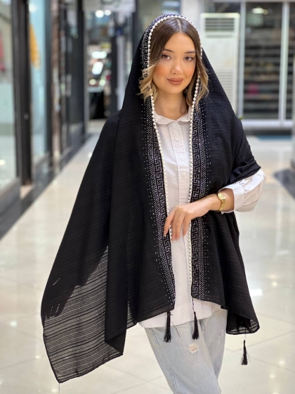 شال لینن نگین مروارید کاری منگوله دار کد 2429
