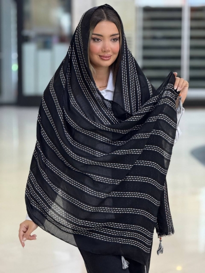 شال نخی کوکدوزی پاییزه منگوله دار کد 2958