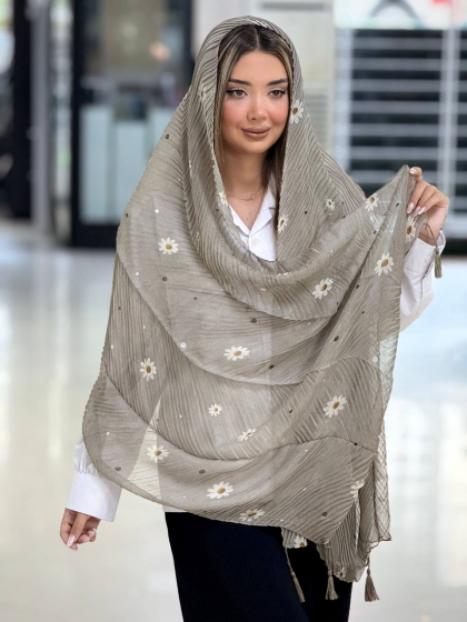 شال نخی چاپی پلیسه منگوله دار کد 2775