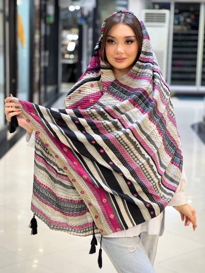 شال نخی ژاکارد پلیسه منگوله دار کد 2457