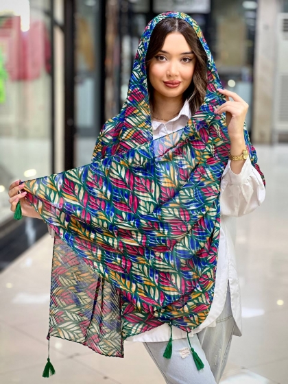 شال نخی ژاکارد پلیسه منگوله دار کد 2489