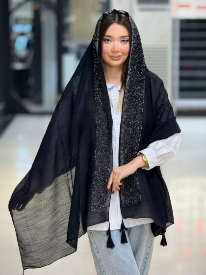 شال لینن نگین کاری منگوله دار کد 2634