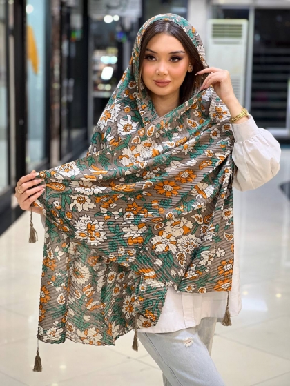 شال نخی ژاکارد پلیسه منگوله دار کد 2459